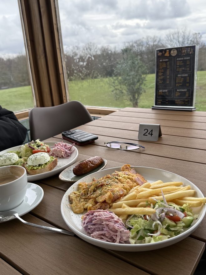 A shared outdoor table with several plates of hot food and coffee, looking out over the park