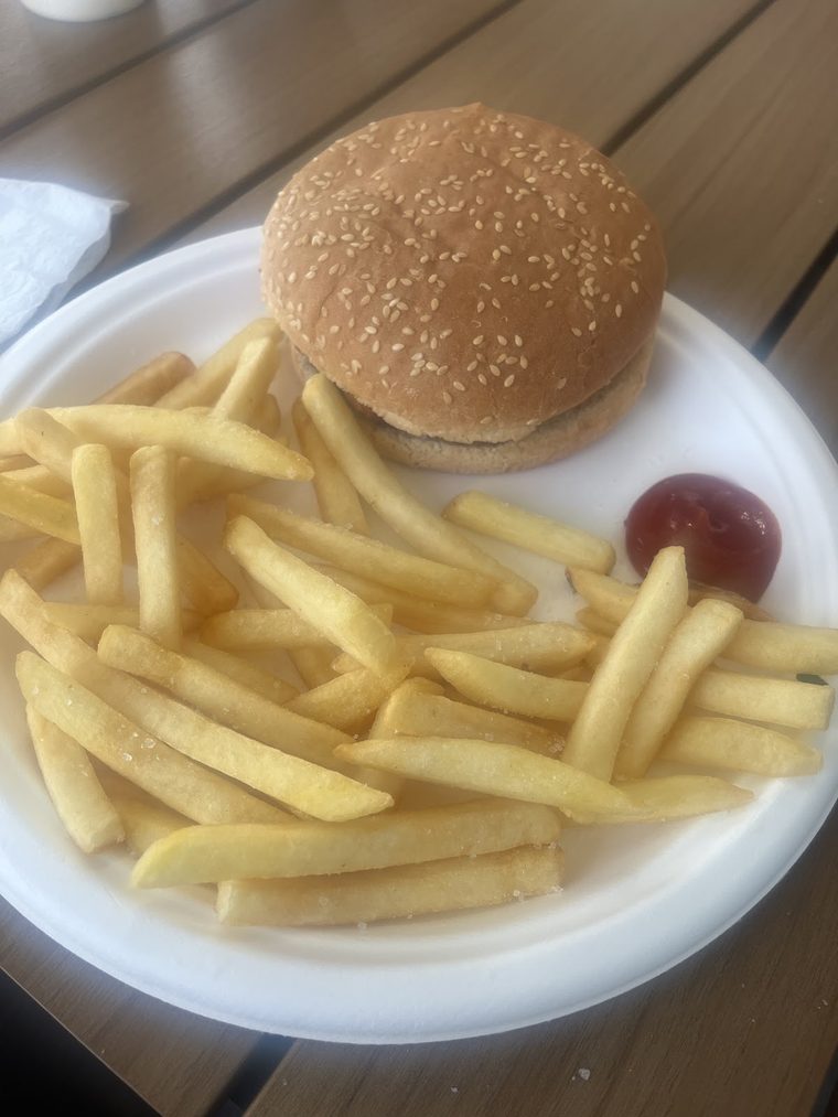 A burger in a sesame bun with chips